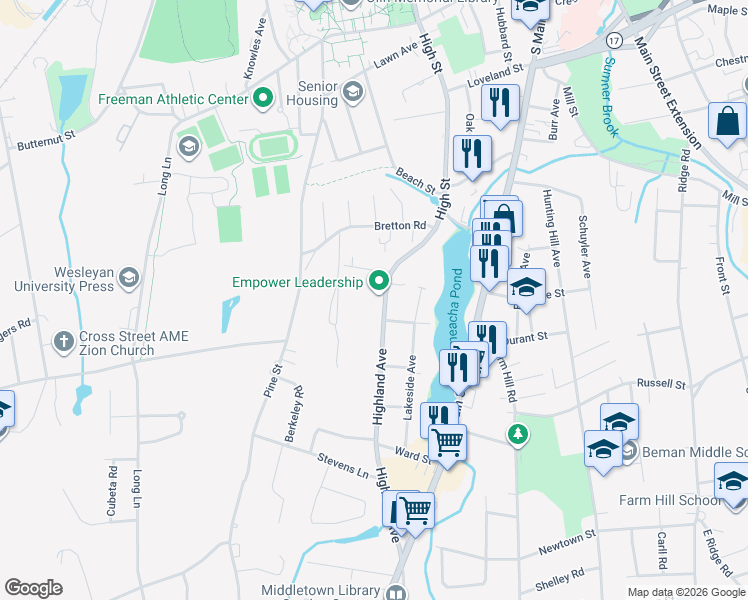 map of restaurants, bars, coffee shops, grocery stores, and more near 124 Highland Avenue in Middletown