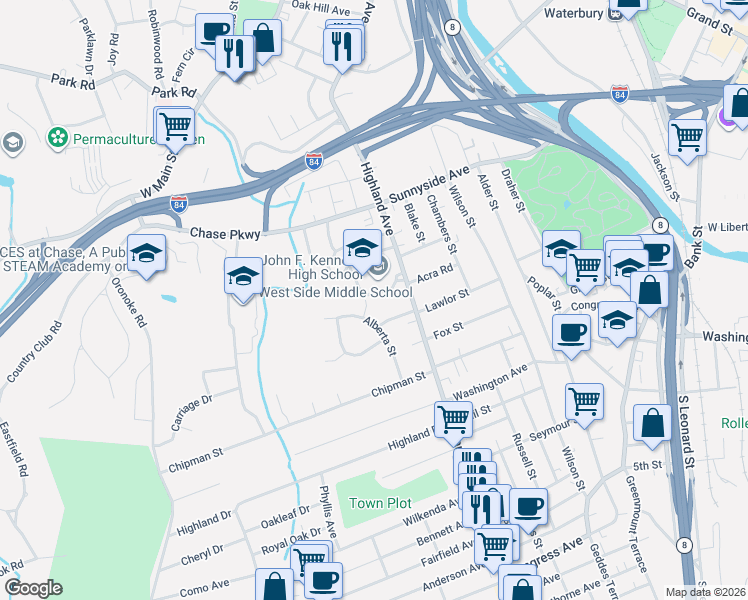 map of restaurants, bars, coffee shops, grocery stores, and more near 20 Paul Road in Waterbury