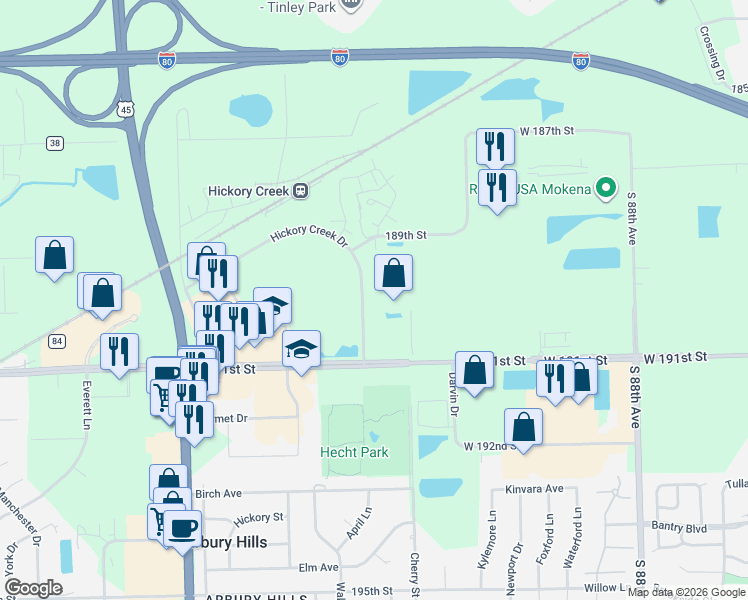 map of restaurants, bars, coffee shops, grocery stores, and more near 19000-19098 Hickory Creek Drive in Mokena