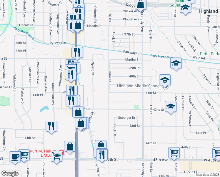 map of restaurants, bars, coffee shops, grocery stores, and more near 9258 Hook Street in Highland