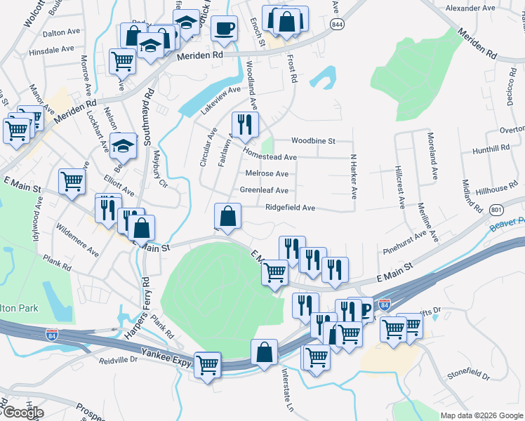 map of restaurants, bars, coffee shops, grocery stores, and more near 78 Ridgefield Avenue in Waterbury