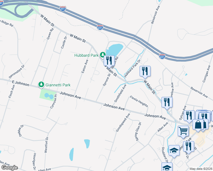 map of restaurants, bars, coffee shops, grocery stores, and more near 48 Spruce Street in Meriden