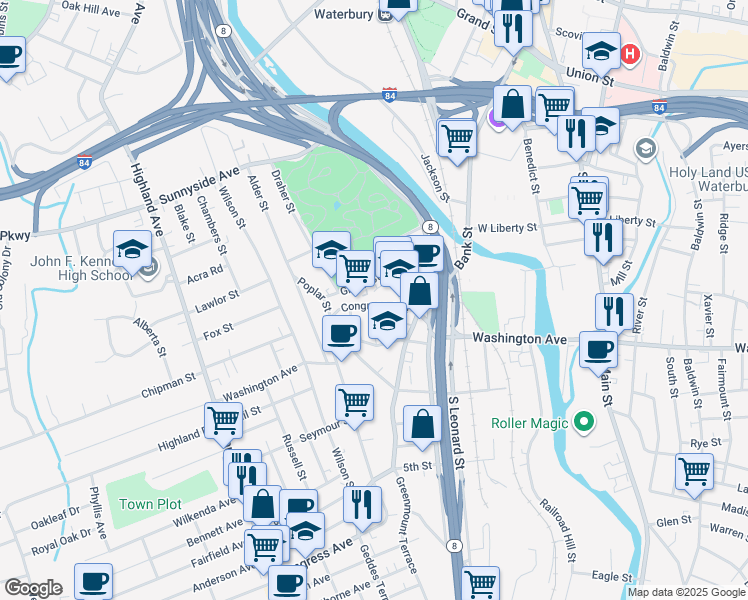 map of restaurants, bars, coffee shops, grocery stores, and more near 68 Congress Avenue in Waterbury