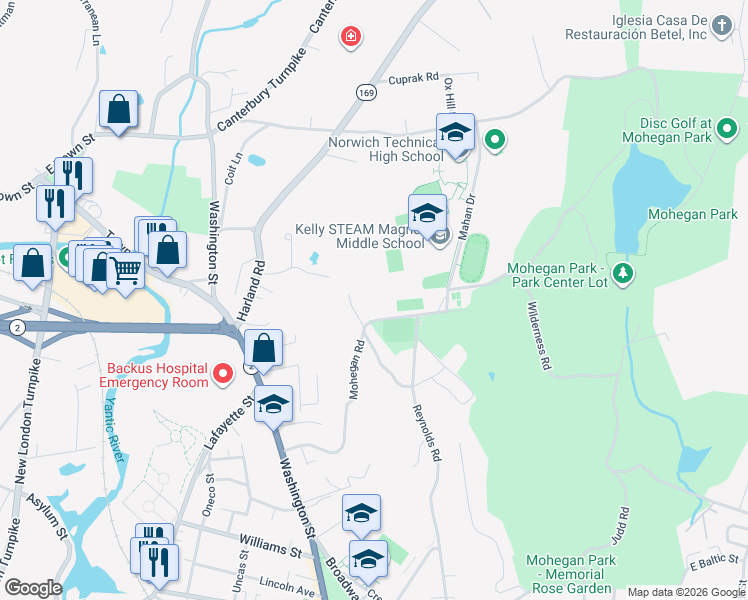 map of restaurants, bars, coffee shops, grocery stores, and more near 59 Sachem Plains Road in Norwich