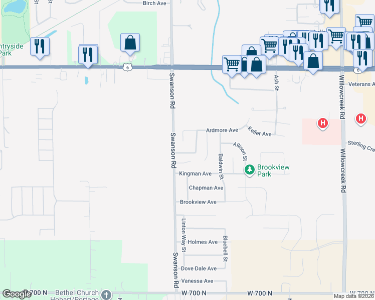 map of restaurants, bars, coffee shops, grocery stores, and more near 3692 Mansfield Street in Portage