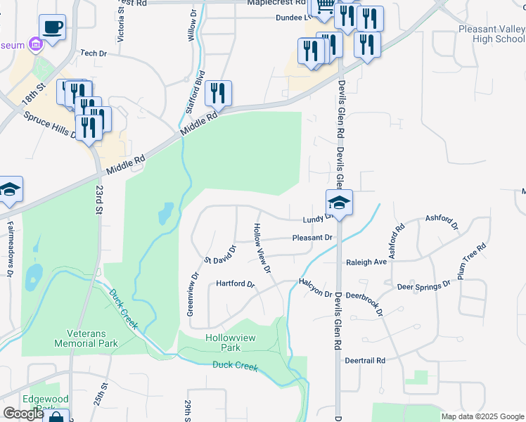 map of restaurants, bars, coffee shops, grocery stores, and more near 2702 Lundy Lane in Bettendorf