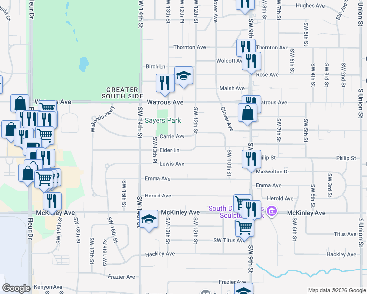 map of restaurants, bars, coffee shops, grocery stores, and more near 1209 Elder Lane in Des Moines