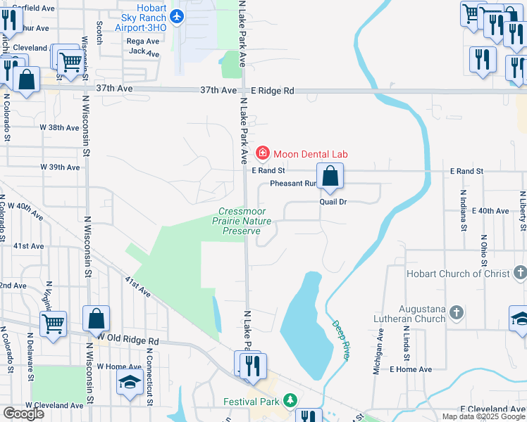 map of restaurants, bars, coffee shops, grocery stores, and more near 500 Pheasant Run Dr in Hobart