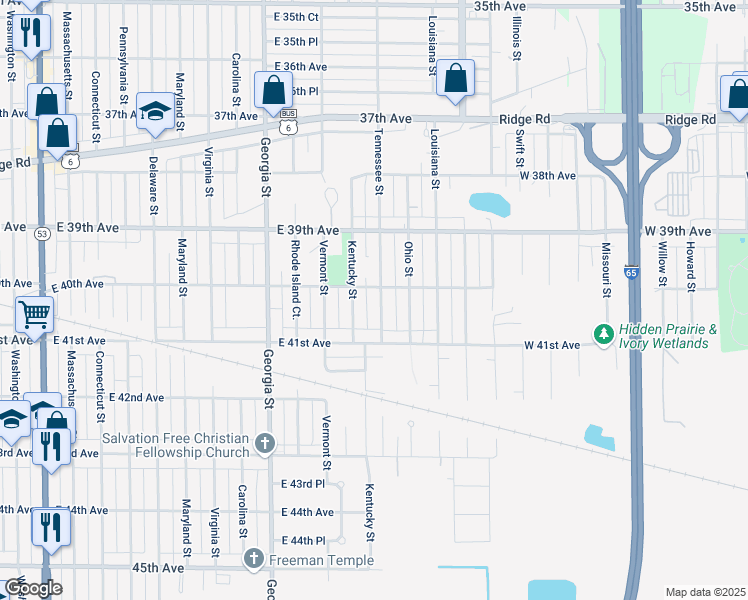 map of restaurants, bars, coffee shops, grocery stores, and more near 4014 Tennessee Street in Gary