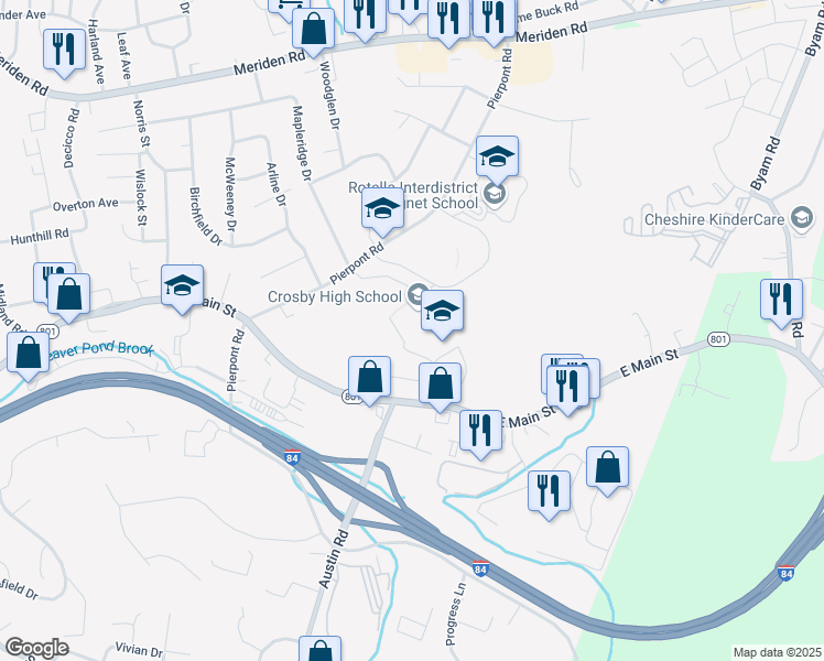 map of restaurants, bars, coffee shops, grocery stores, and more near 300 Pierpont Road in Waterbury