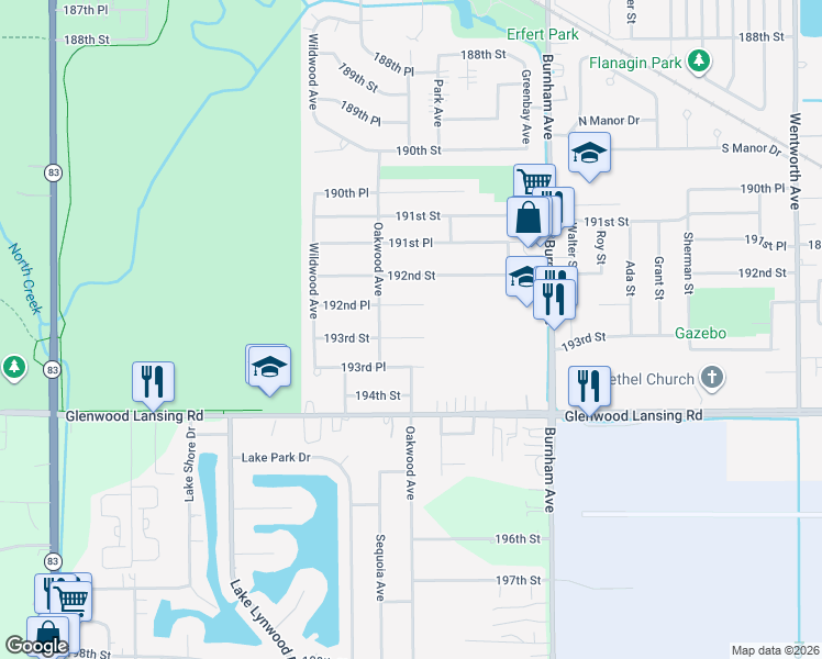 map of restaurants, bars, coffee shops, grocery stores, and more near 2942 193rd Street in Lansing