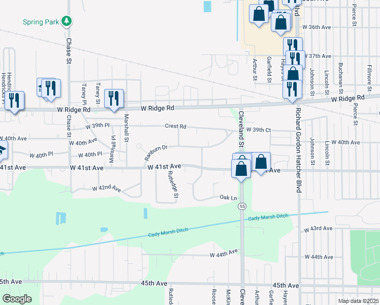 map of restaurants, bars, coffee shops, grocery stores, and more near 2267 Ranburn Drive in Gary