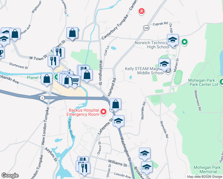 map of restaurants, bars, coffee shops, grocery stores, and more near 14 Harland Road in Norwich