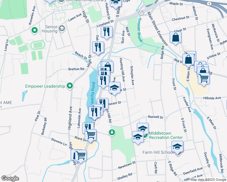 map of restaurants, bars, coffee shops, grocery stores, and more near 20 Durant Terrace in Middletown