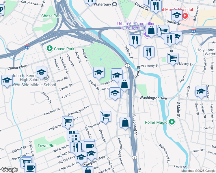 map of restaurants, bars, coffee shops, grocery stores, and more near 109 Green Street in Waterbury