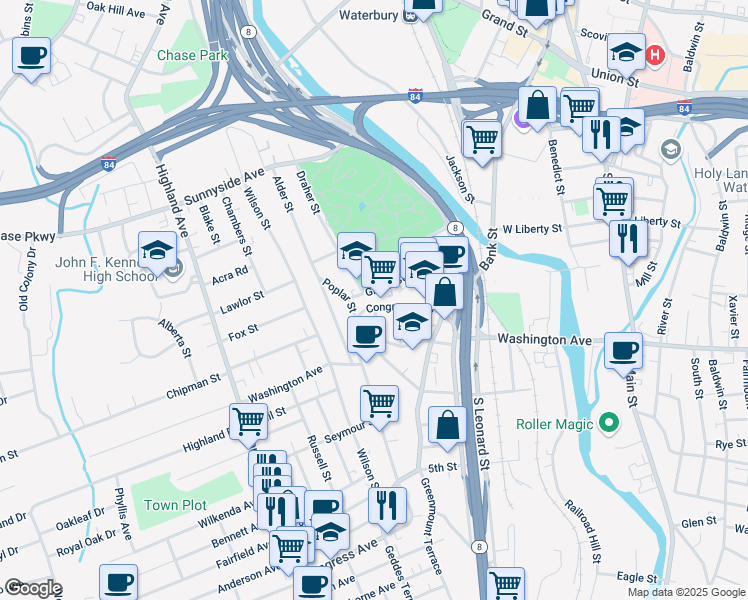 map of restaurants, bars, coffee shops, grocery stores, and more near 109 Green Street in Waterbury