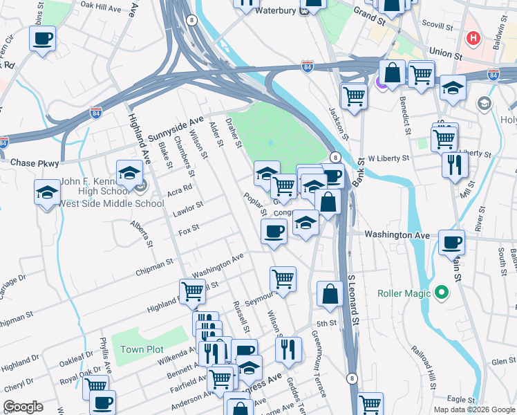 map of restaurants, bars, coffee shops, grocery stores, and more near 29 Poplar Street in Waterbury