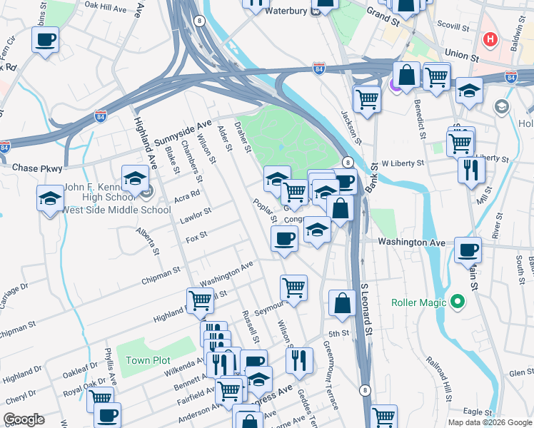map of restaurants, bars, coffee shops, grocery stores, and more near 29 Poplar Street in Waterbury