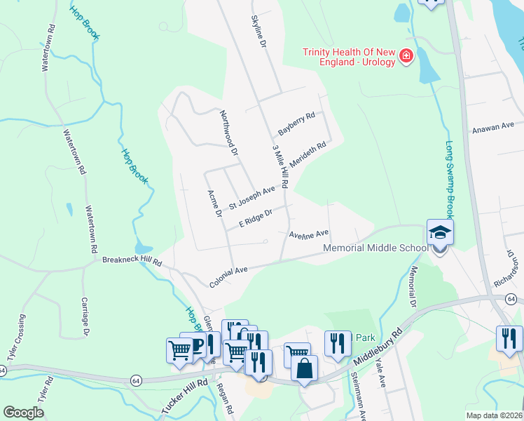 map of restaurants, bars, coffee shops, grocery stores, and more near 38 East Ridge Drive in Middlebury