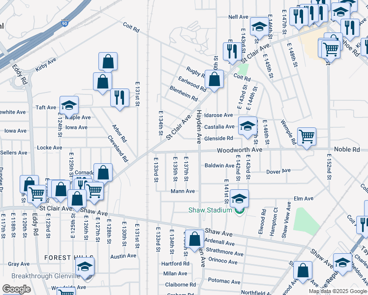 map of restaurants, bars, coffee shops, grocery stores, and more near 13603 Woodworth Avenue in Cleveland