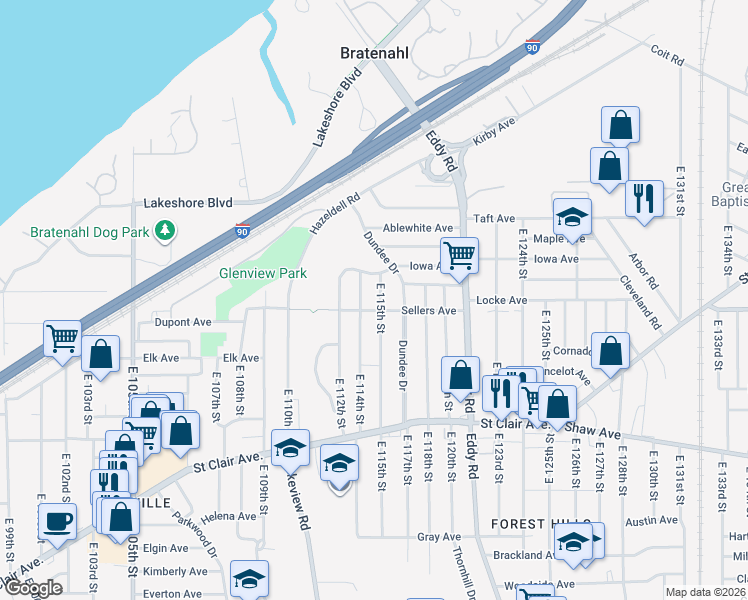 map of restaurants, bars, coffee shops, grocery stores, and more near 437 East 115th Street in Cleveland