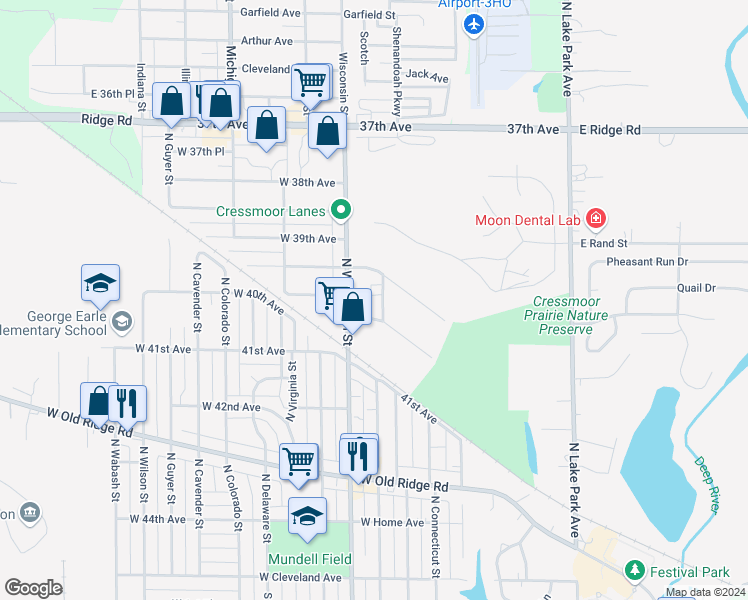 map of restaurants, bars, coffee shops, grocery stores, and more near 504 North Washington Street in Hobart