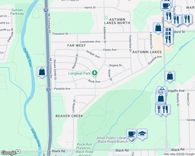 map of restaurants, bars, coffee shops, grocery stores, and more near 3605 Judy Court in Joliet