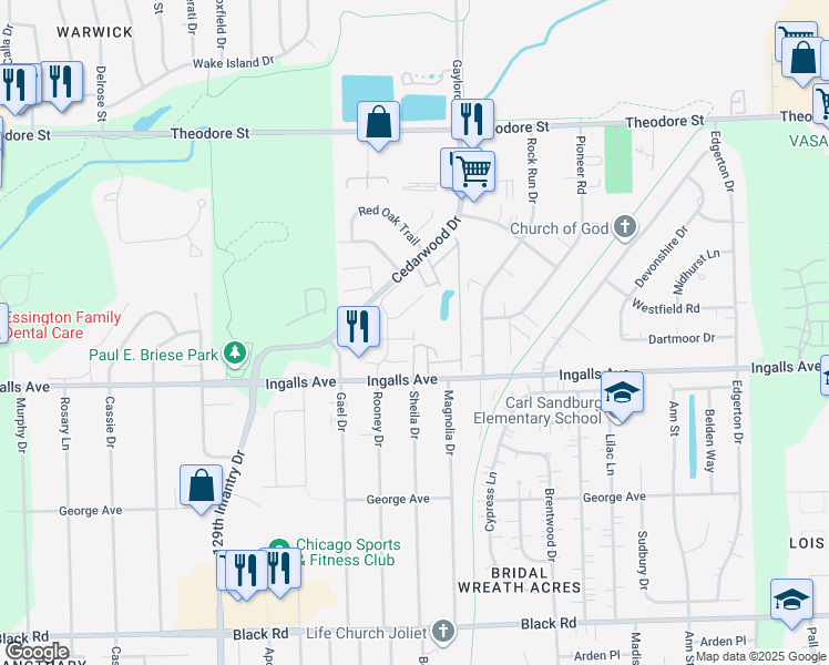 map of restaurants, bars, coffee shops, grocery stores, and more near 1260 Liberty Park Court in Crest Hill