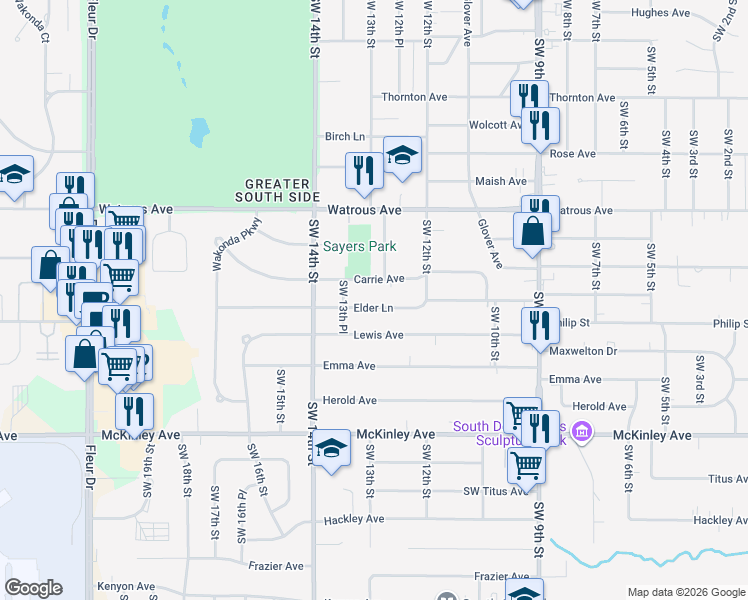 map of restaurants, bars, coffee shops, grocery stores, and more near 1227 Elder Lane in Des Moines