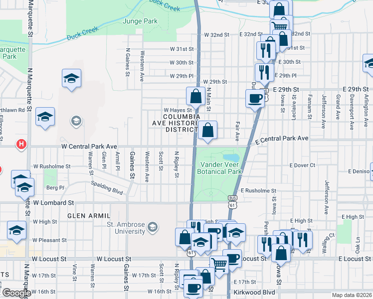 map of restaurants, bars, coffee shops, grocery stores, and more near 2514 North Harrison Street in Davenport