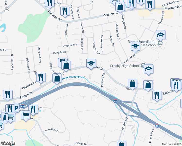 map of restaurants, bars, coffee shops, grocery stores, and more near 3196 East Main Street in Waterbury
