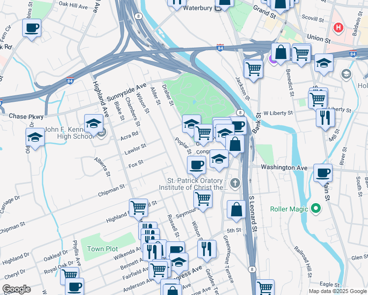 map of restaurants, bars, coffee shops, grocery stores, and more near 29 Poplar Street in Waterbury