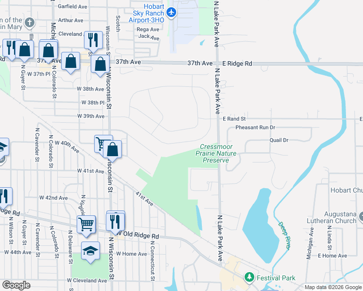 map of restaurants, bars, coffee shops, grocery stores, and more near 600 North Ash Street in Hobart