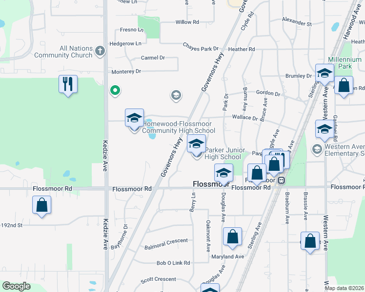 map of restaurants, bars, coffee shops, grocery stores, and more near 922 Braemar Road in Flossmoor