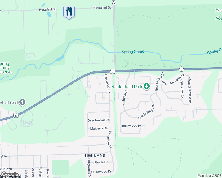 map of restaurants, bars, coffee shops, grocery stores, and more near 1016 Parkwood Drive in Joliet