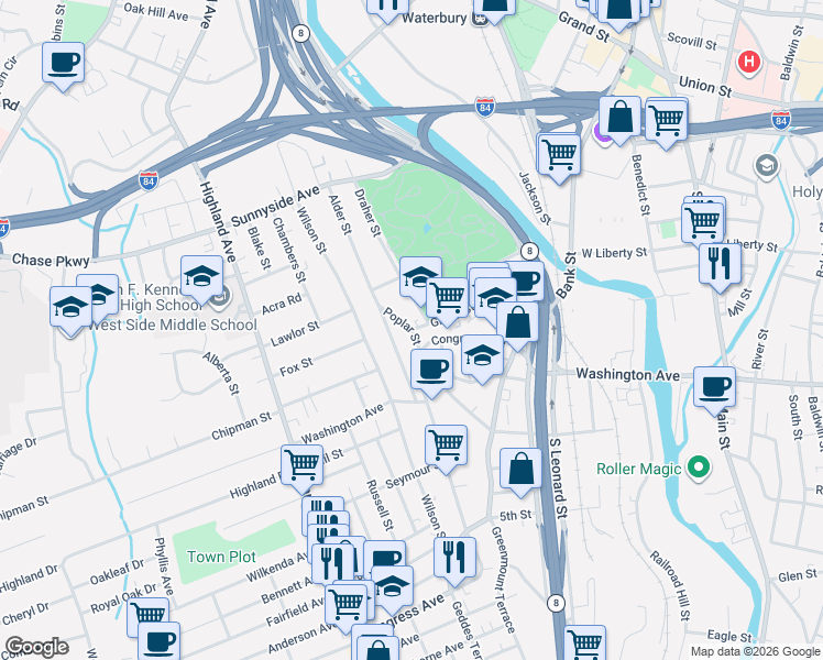 map of restaurants, bars, coffee shops, grocery stores, and more near 155 Green Street in Waterbury