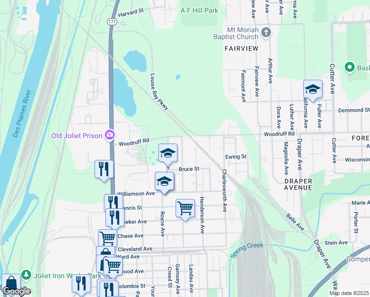 map of restaurants, bars, coffee shops, grocery stores, and more near 1120 Hacker Avenue in Joliet