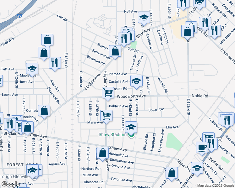 map of restaurants, bars, coffee shops, grocery stores, and more near 14001 Woodworth Avenue in Cleveland