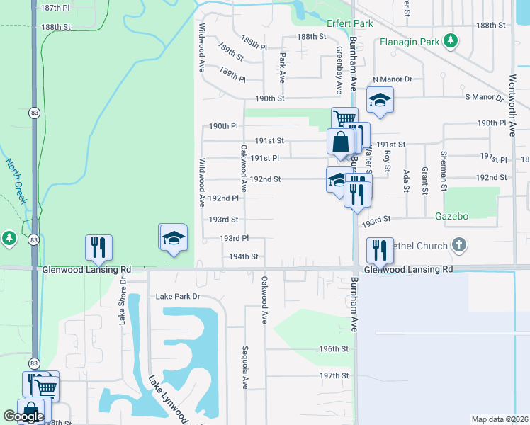 map of restaurants, bars, coffee shops, grocery stores, and more near 2942 193rd Street in Lansing