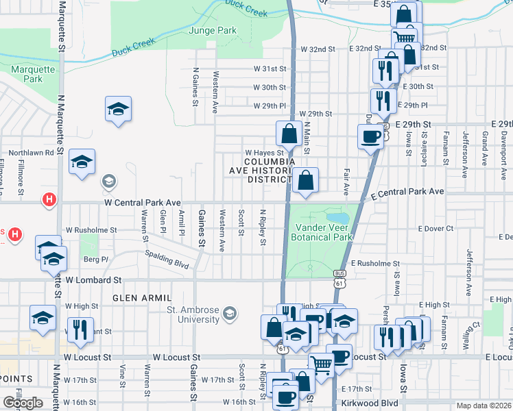 map of restaurants, bars, coffee shops, grocery stores, and more near 401 West Central Park Avenue in Davenport