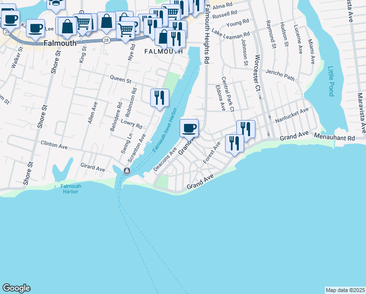 map of restaurants, bars, coffee shops, grocery stores, and more near 460 Grand Avenue in Falmouth