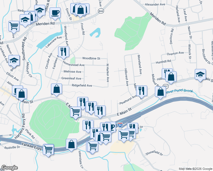 map of restaurants, bars, coffee shops, grocery stores, and more near 166 North Harker Avenue in Waterbury