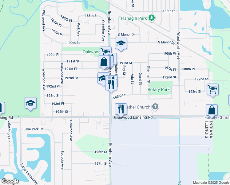 map of restaurants, bars, coffee shops, grocery stores, and more near 19269 Burnham Avenue in Lansing