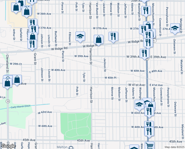 map of restaurants, bars, coffee shops, grocery stores, and more near 4033 Harrison Street in Gary