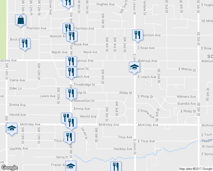 map of restaurants, bars, coffee shops, grocery stores, and more near 4305 Southwest 5th Street in Des Moines