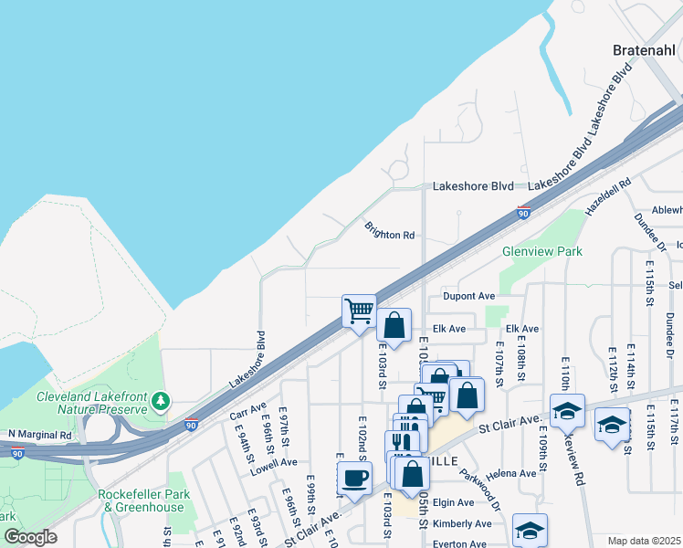 map of restaurants, bars, coffee shops, grocery stores, and more near 10018 Burton Avenue in Bratenahl