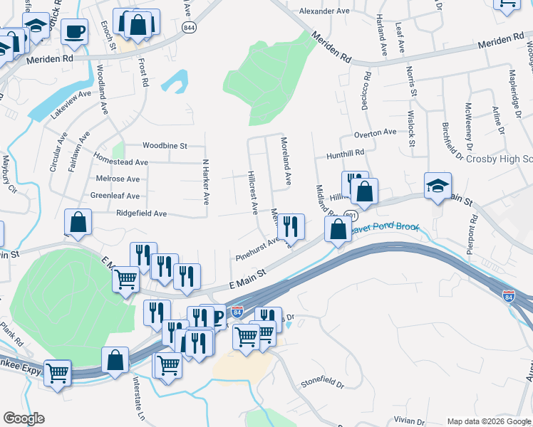 map of restaurants, bars, coffee shops, grocery stores, and more near 9 Craigie Avenue in Waterbury