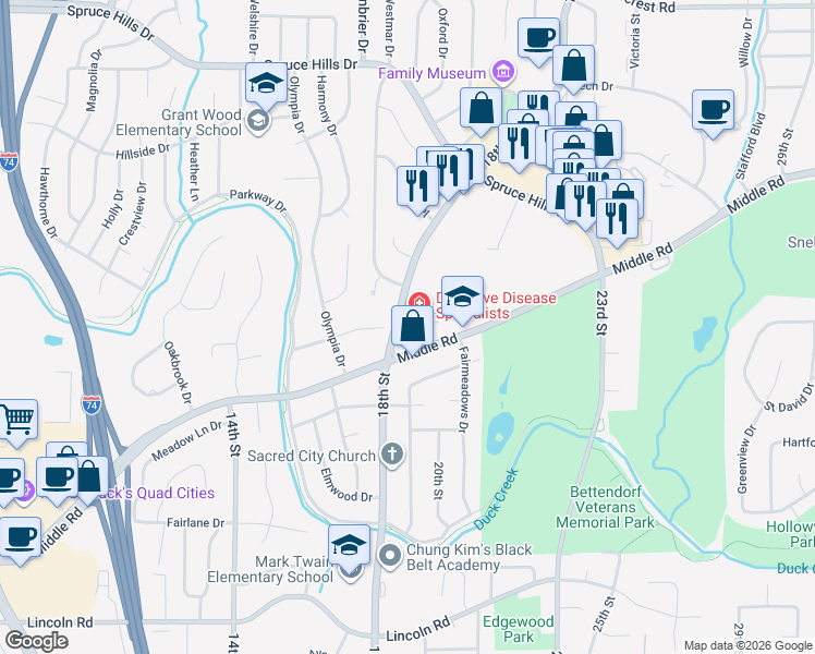 map of restaurants, bars, coffee shops, grocery stores, and more near 1906 Middle Road in Bettendorf