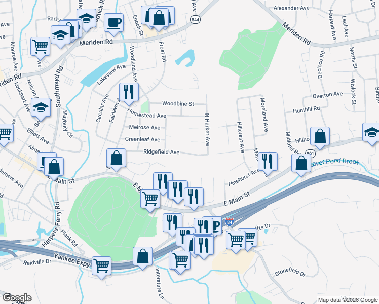 map of restaurants, bars, coffee shops, grocery stores, and more near 227 Ridgefield Avenue in Waterbury