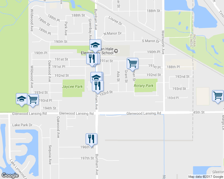 map of restaurants, bars, coffee shops, grocery stores, and more near 3316 193rd Street in Lansing